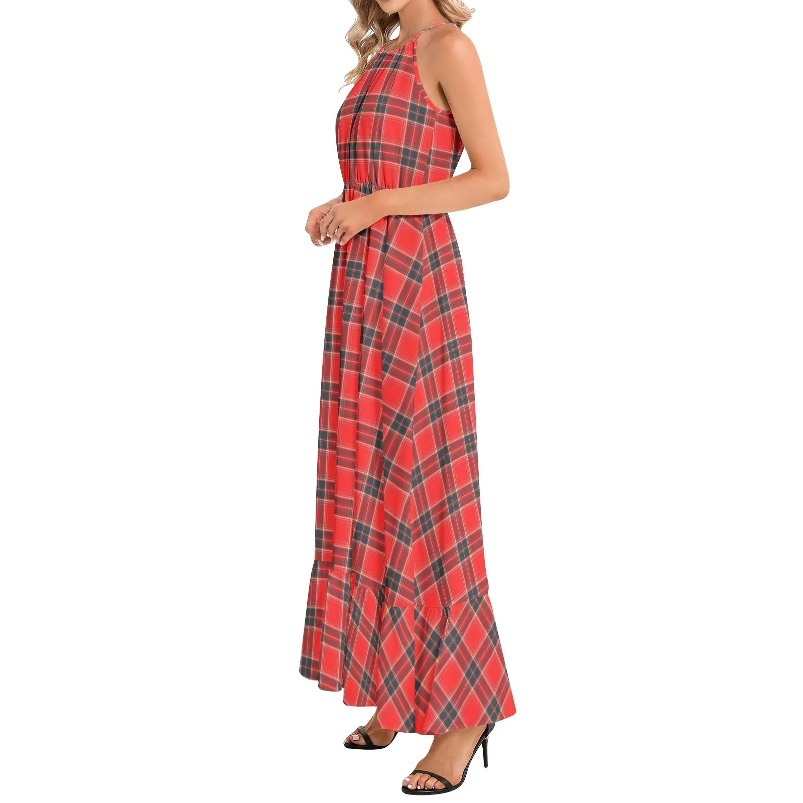 Unspeakable Joy Plaid Ruffle Hem Halter Neck Maxi Dress