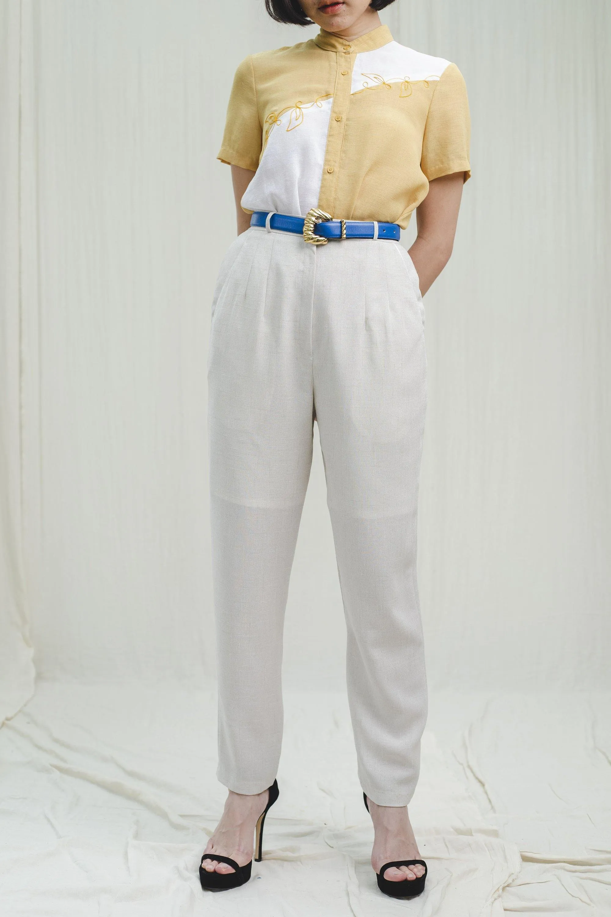 Vintage Classic White Slash Front Pocket High Waisted Trousers