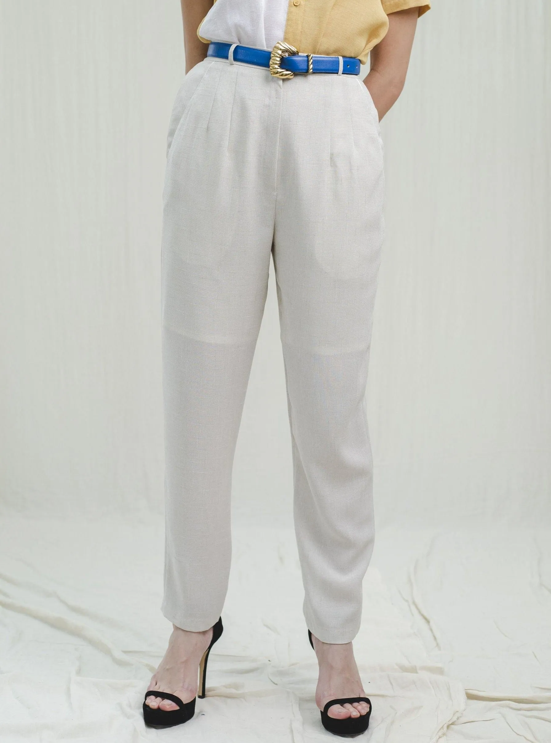 Vintage Classic White Slash Front Pocket High Waisted Trousers