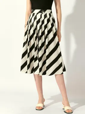 Vintage Striped Pleated A-line Flared Pocketed Midi Skirt