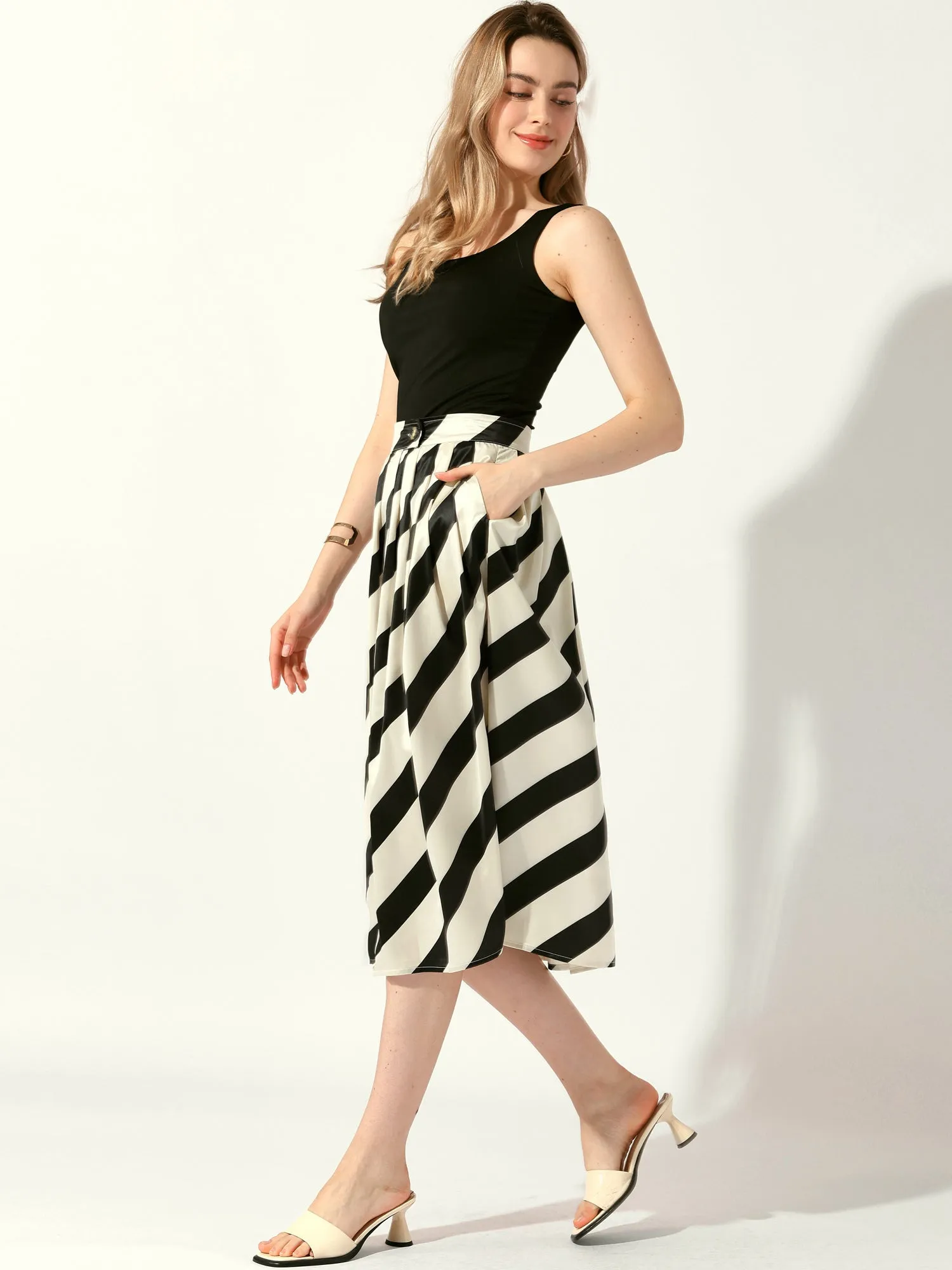 Vintage Striped Pleated A-line Flared Pocketed Midi Skirt