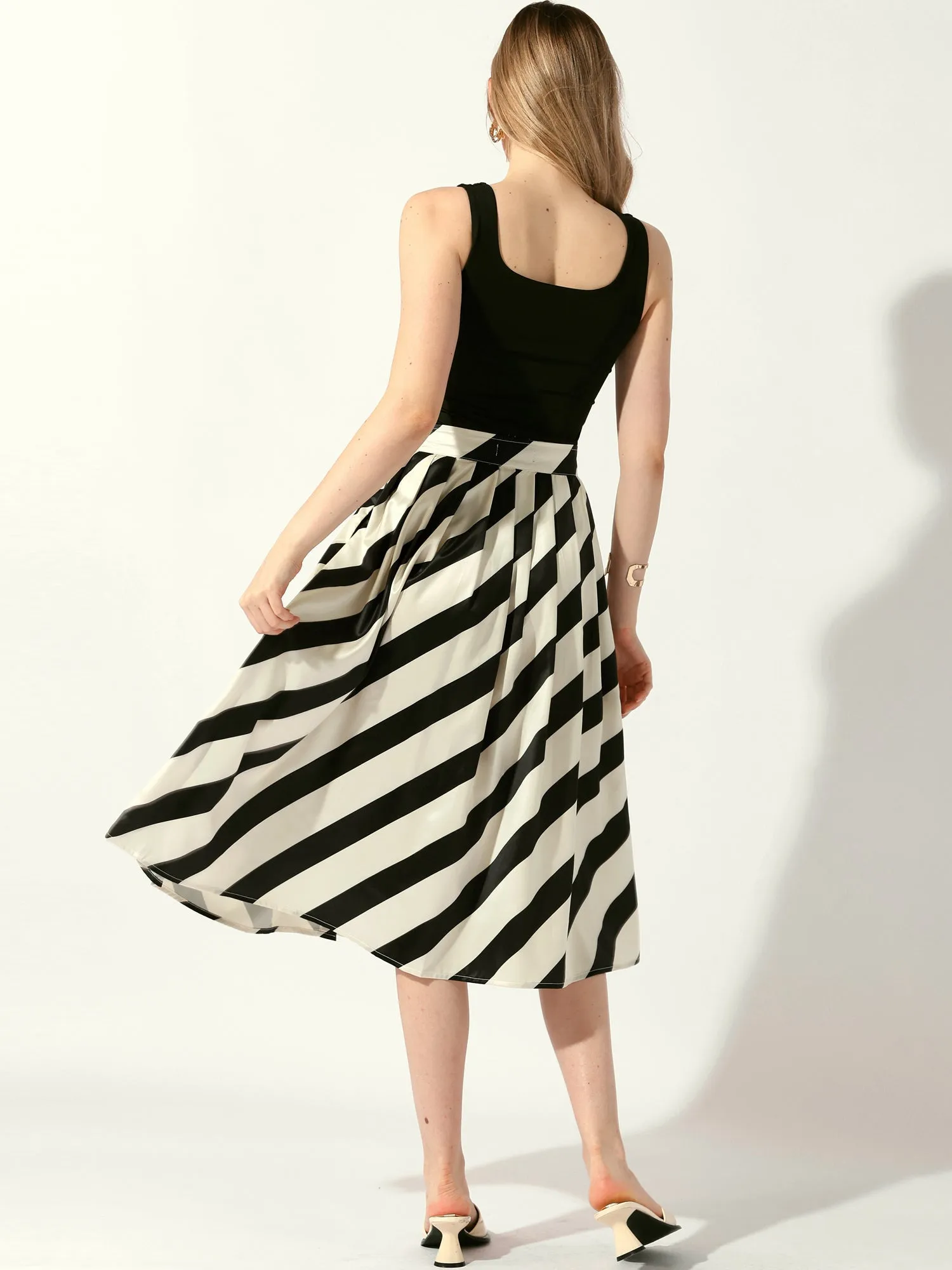 Vintage Striped Pleated A-line Flared Pocketed Midi Skirt
