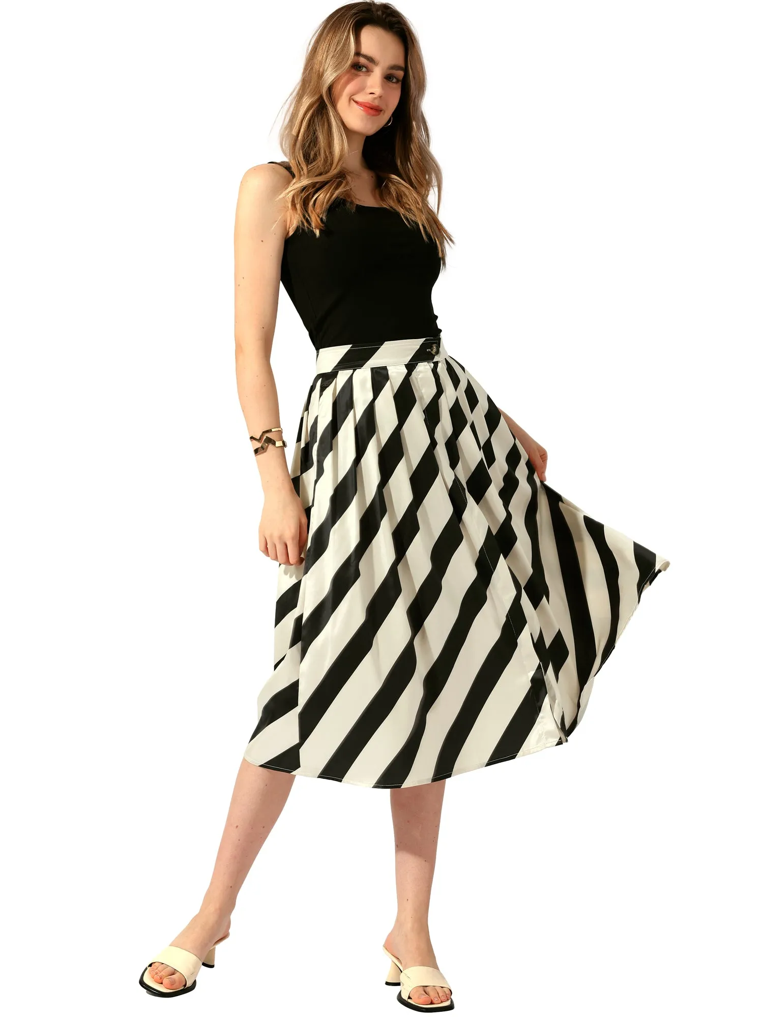 Vintage Striped Pleated A-line Flared Pocketed Midi Skirt
