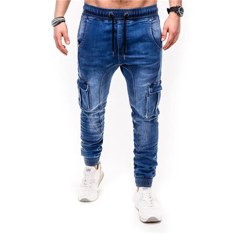 Voguable Blue Vintage Man Jeans Business Casual Classic Style Denim Male Cargo Pants More Pockets Frenum Ankle Banded Casual Pants S-3XL