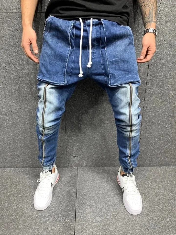 Voguable Blue Vintage Man Jeans Business Casual Classic Style Denim Male Cargo Pants More Pockets Frenum Ankle Banded Casual Pants S-3XL