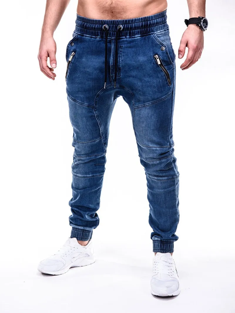 Voguable Blue Vintage Man Jeans Business Casual Classic Style Denim Male Cargo Pants More Pockets Frenum Ankle Banded Casual Pants S-3XL