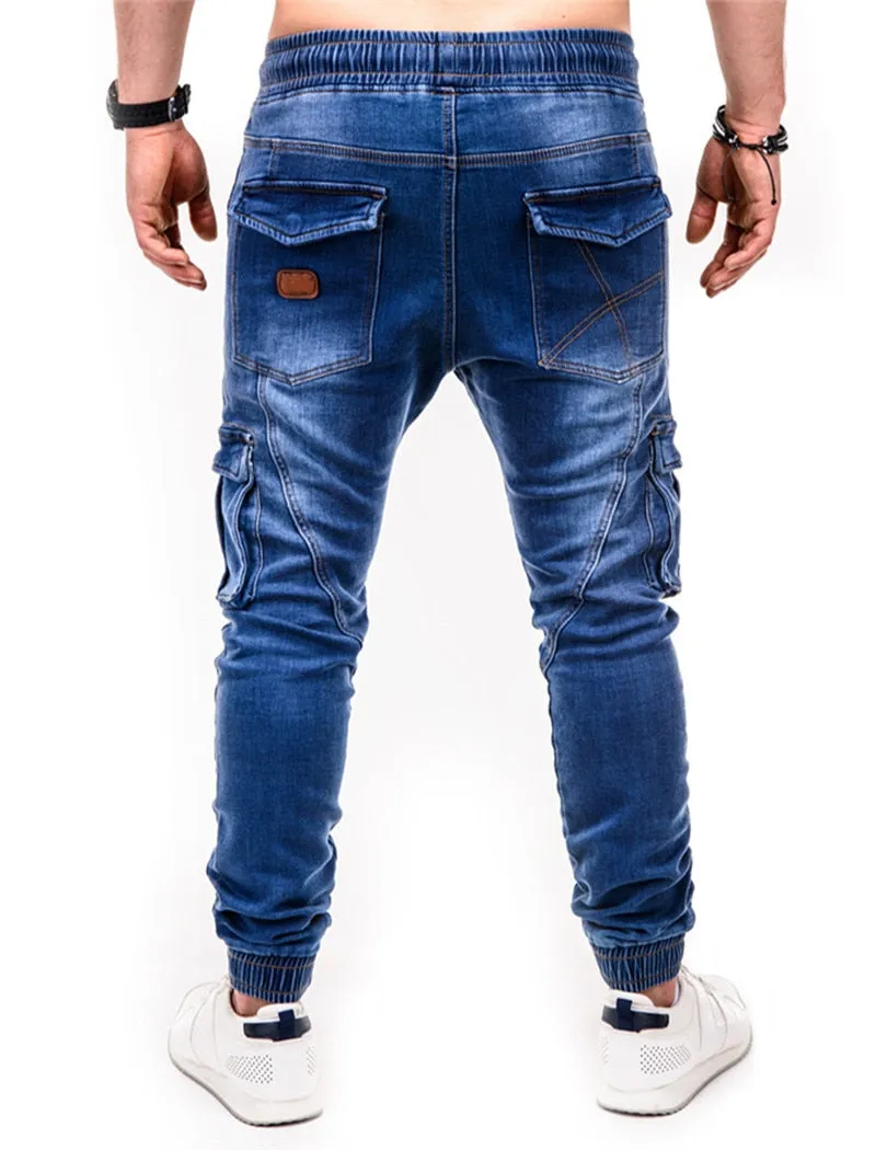 Voguable Blue Vintage Man Jeans Business Casual Classic Style Denim Male Cargo Pants More Pockets Frenum Ankle Banded Casual Pants S-3XL
