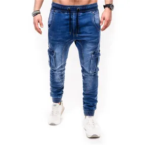 Voguable Blue Vintage Man Jeans Business Casual Classic Style Denim Male Cargo Pants More Pockets Frenum Ankle Banded Casual Pants S-3XL