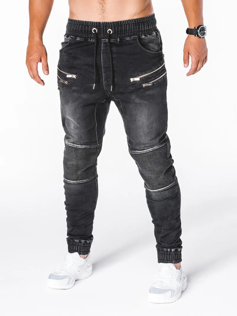 Voguable Blue Vintage Man Jeans Business Casual Classic Style Denim Male Cargo Pants More Pockets Frenum Ankle Banded Casual Pants S-3XL