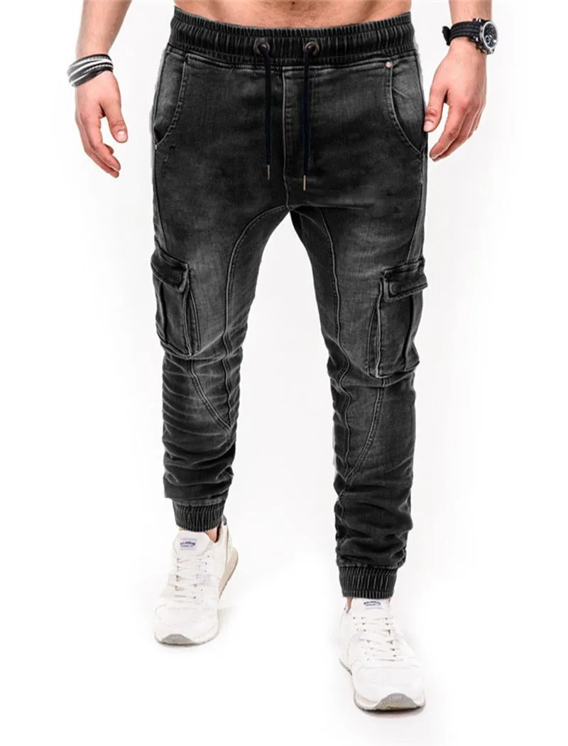 Voguable Blue Vintage Man Jeans Business Casual Classic Style Denim Male Cargo Pants More Pockets Frenum Ankle Banded Casual Pants S-3XL