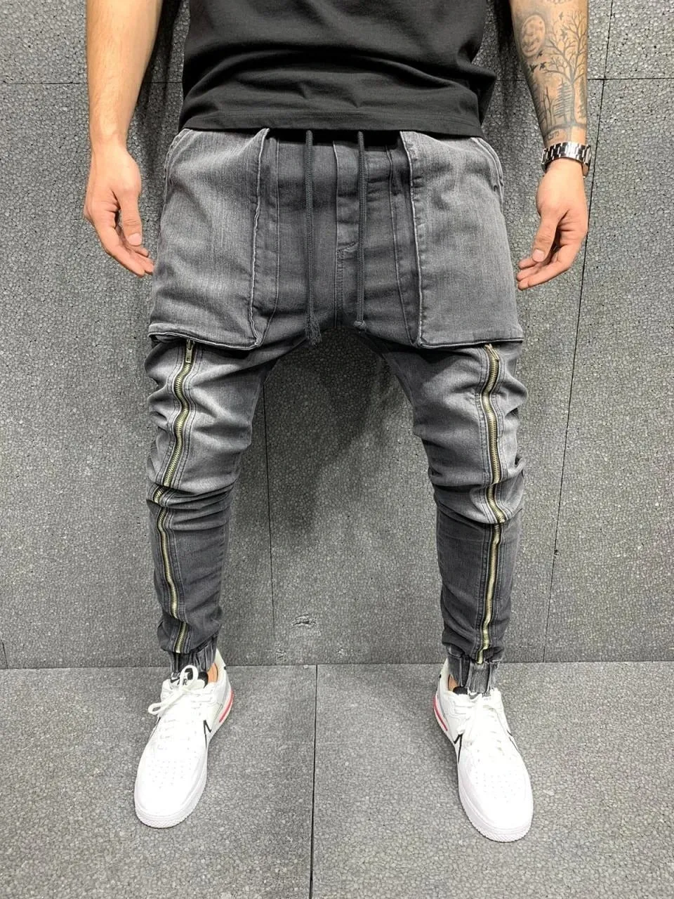 Voguable Blue Vintage Man Jeans Business Casual Classic Style Denim Male Cargo Pants More Pockets Frenum Ankle Banded Casual Pants S-3XL