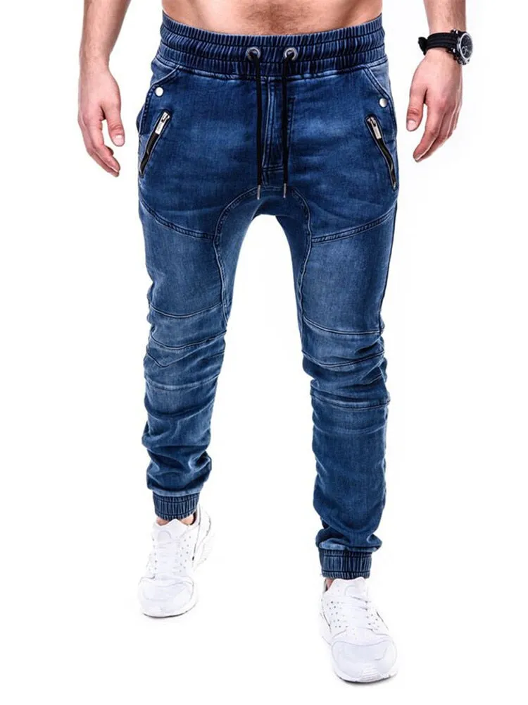 Voguable Blue Vintage Man Jeans Business Casual Classic Style Denim Male Cargo Pants More Pockets Frenum Ankle Banded Casual Pants S-3XL