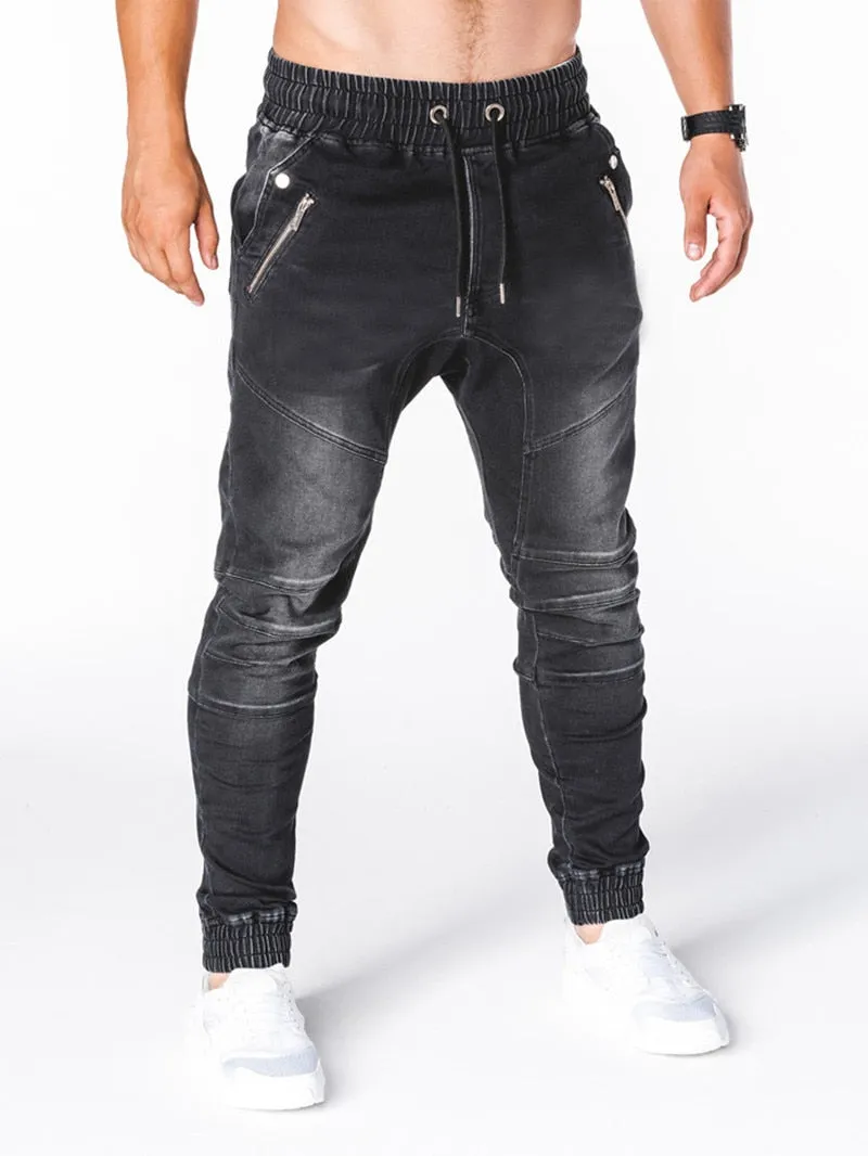 Voguable Blue Vintage Man Jeans Business Casual Classic Style Denim Male Cargo Pants More Pockets Frenum Ankle Banded Casual Pants S-3XL