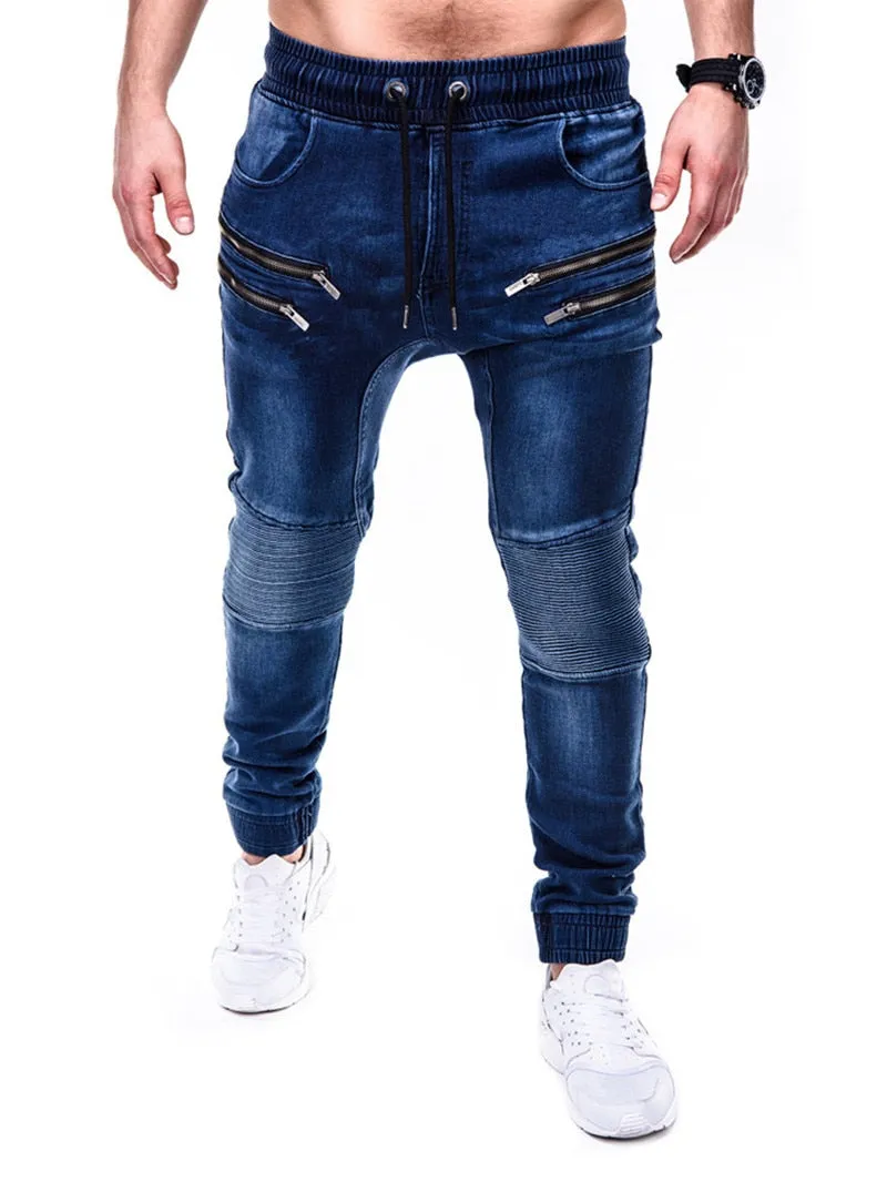 Voguable Blue Vintage Man Jeans Business Casual Classic Style Denim Male Cargo Pants More Pockets Frenum Ankle Banded Casual Pants S-3XL