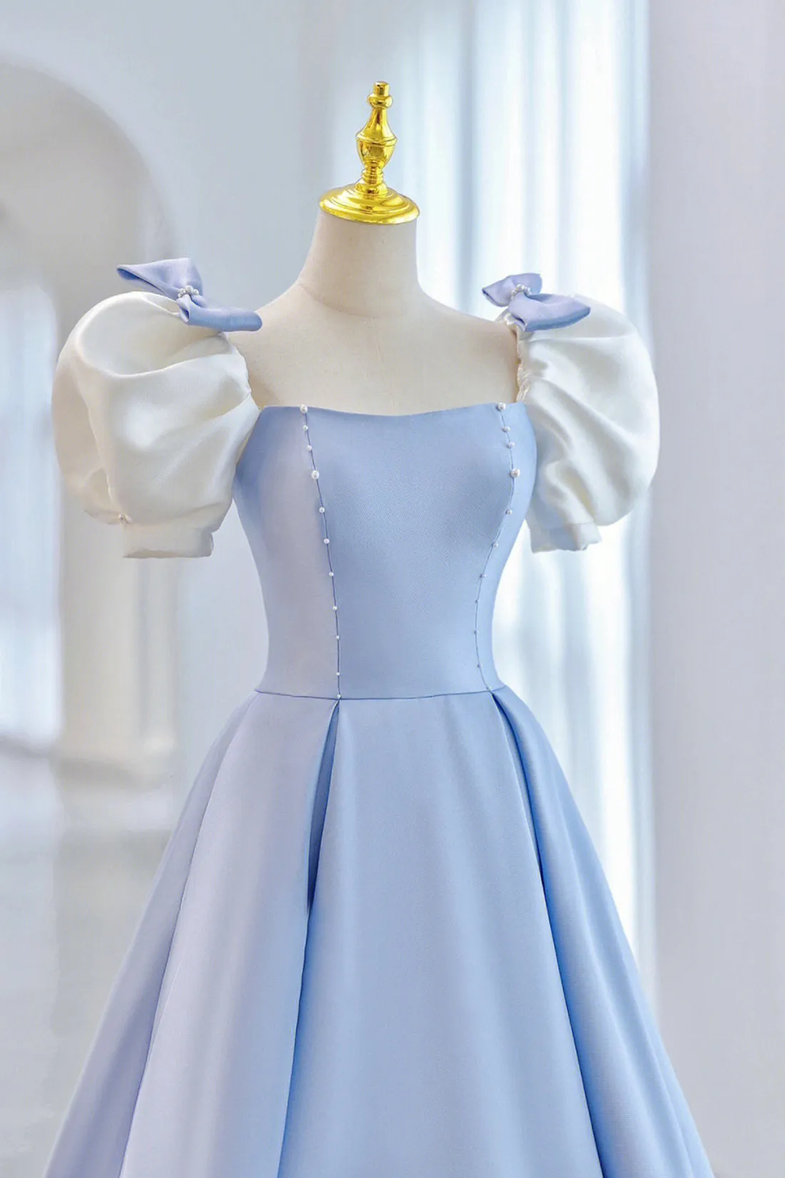 White and Blue Satin Long Prom Dress, A-Line Short Sleeve Evening Dress