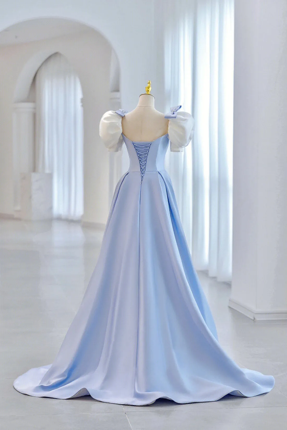 White and Blue Satin Long Prom Dress, A-Line Short Sleeve Evening Dress