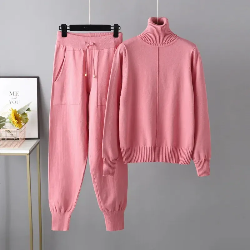 Women Turtleneck Sweater Pant Knitted Tracksuit