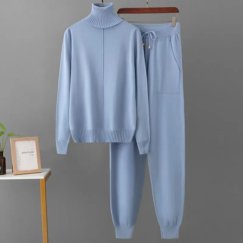 Women Turtleneck Sweater Pant Knitted Tracksuit