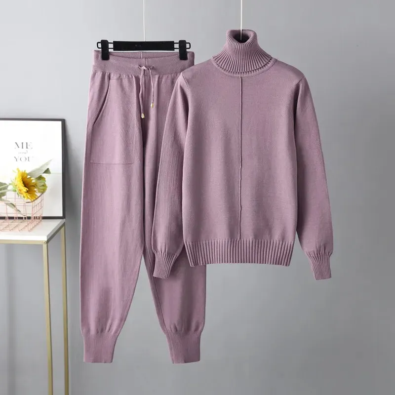 Women Turtleneck Sweater Pant Knitted Tracksuit