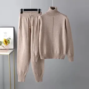 Women Turtleneck Sweater Pant Knitted Tracksuit