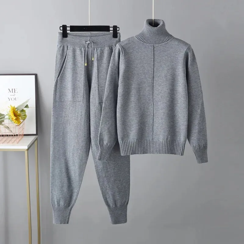 Women Turtleneck Sweater Pant Knitted Tracksuit
