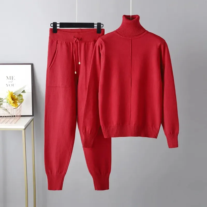 Women Turtleneck Sweater Pant Knitted Tracksuit