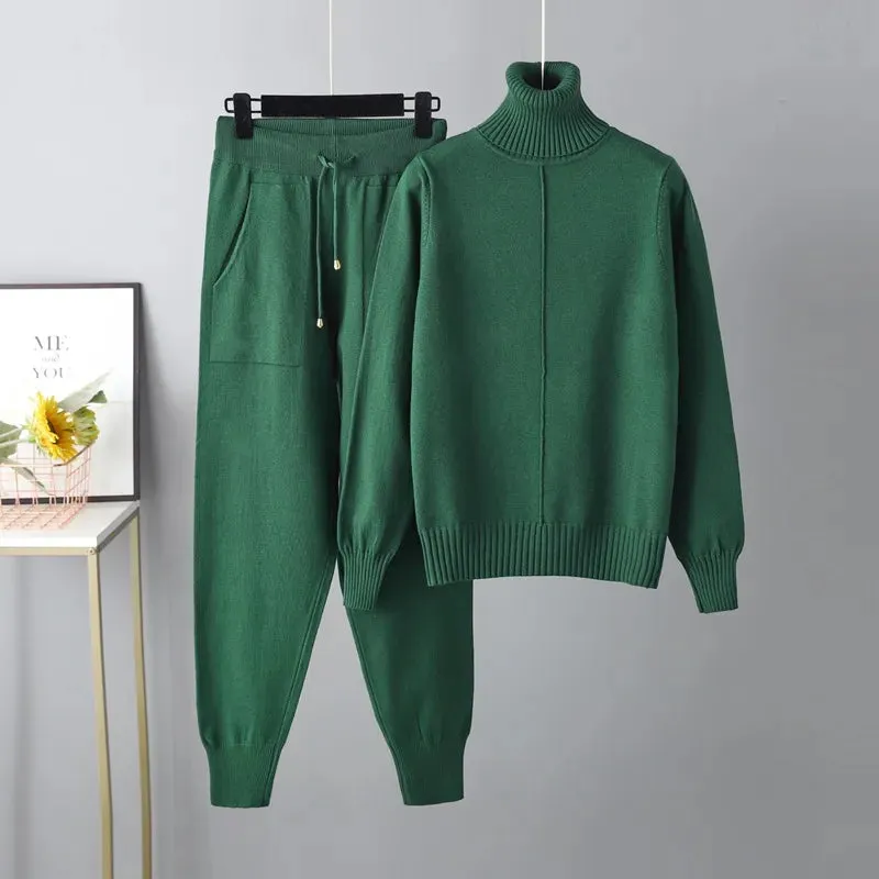 Women Turtleneck Sweater Pant Knitted Tracksuit