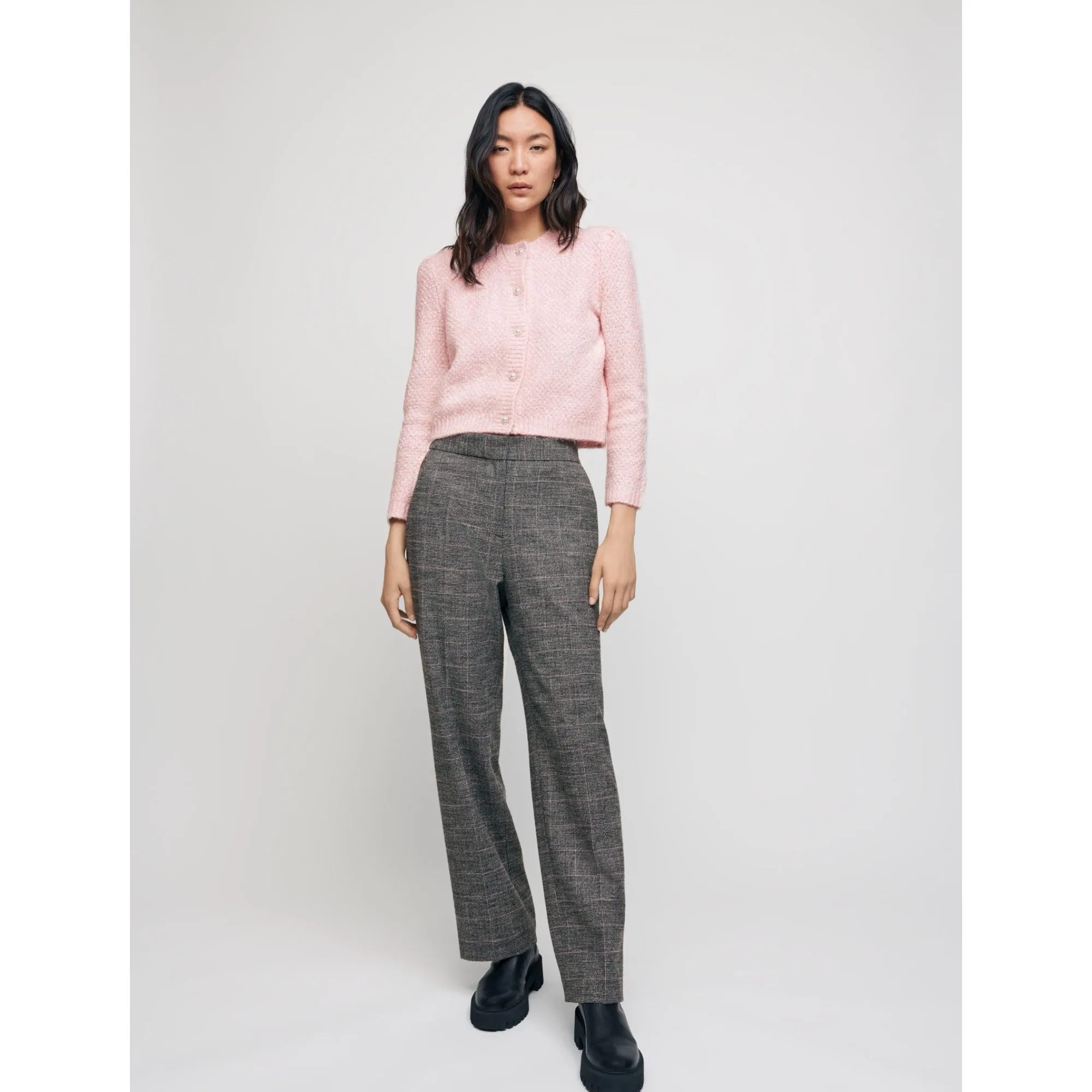 Women Wide-Legged Checked Trousers  - Grey