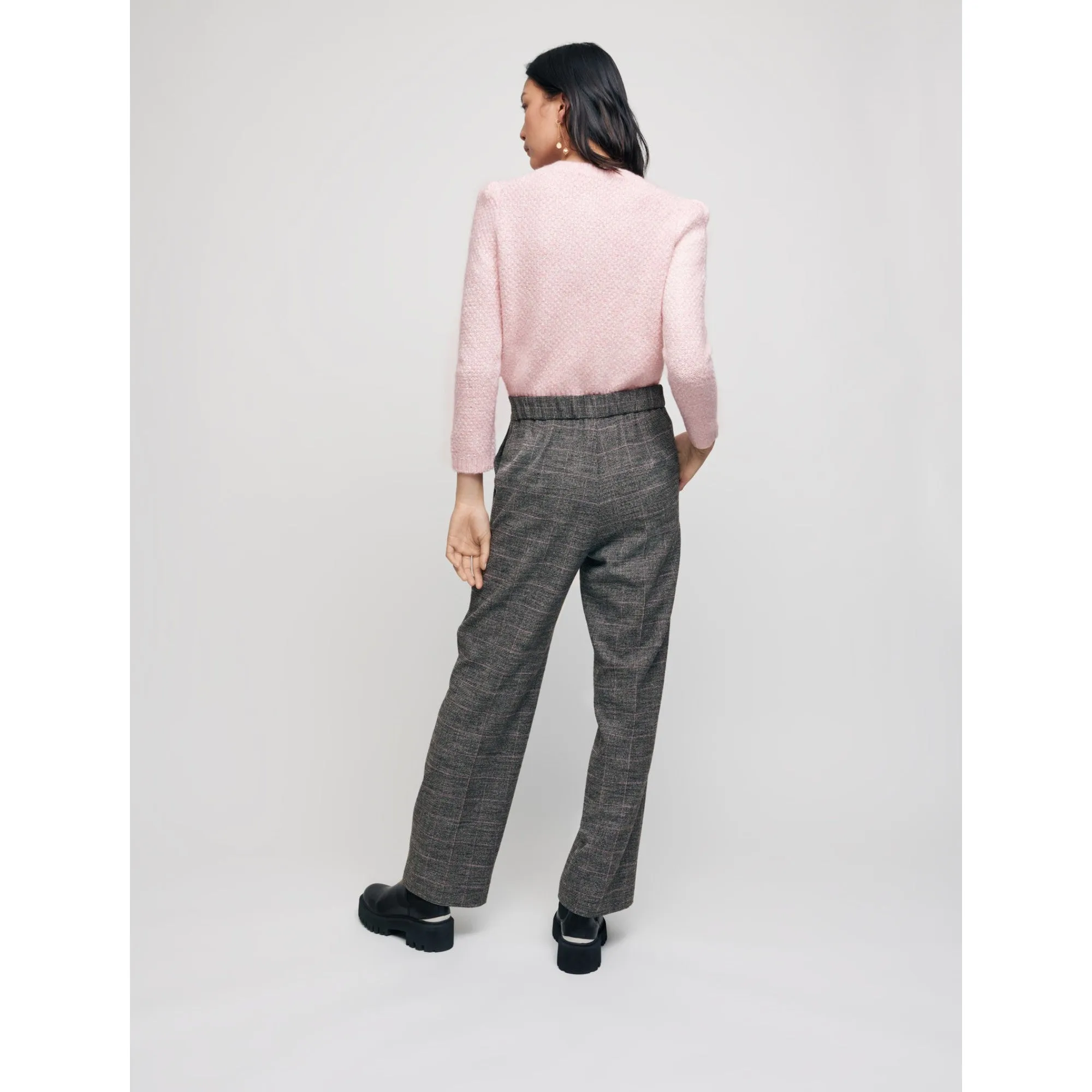 Women Wide-Legged Checked Trousers  - Grey