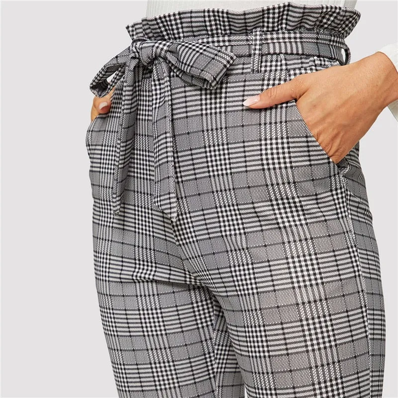 Women's High Waist Plaid Long Pants With Belt