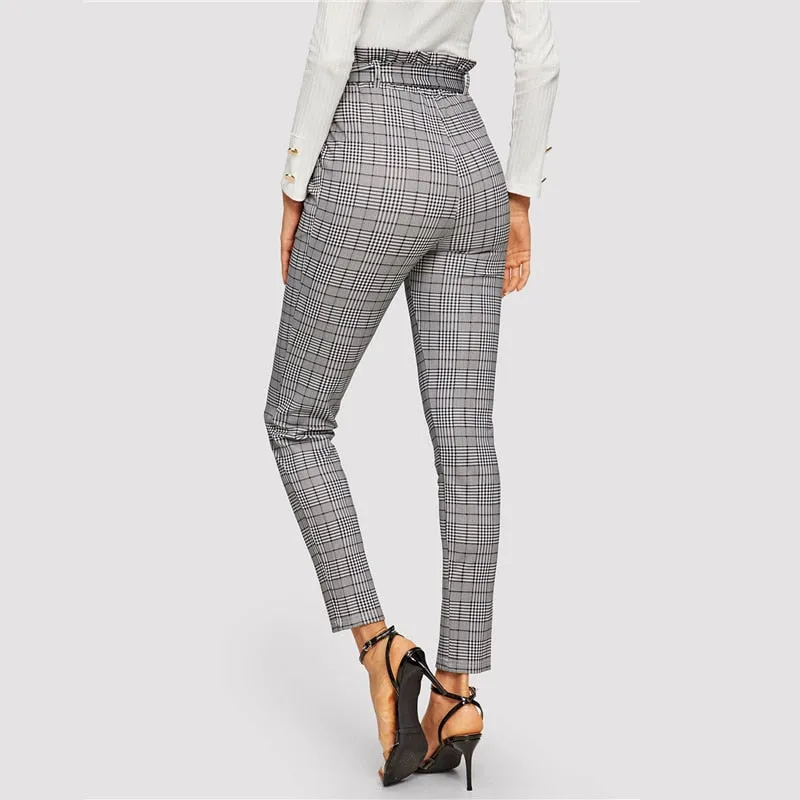 Women's High Waist Plaid Long Pants With Belt