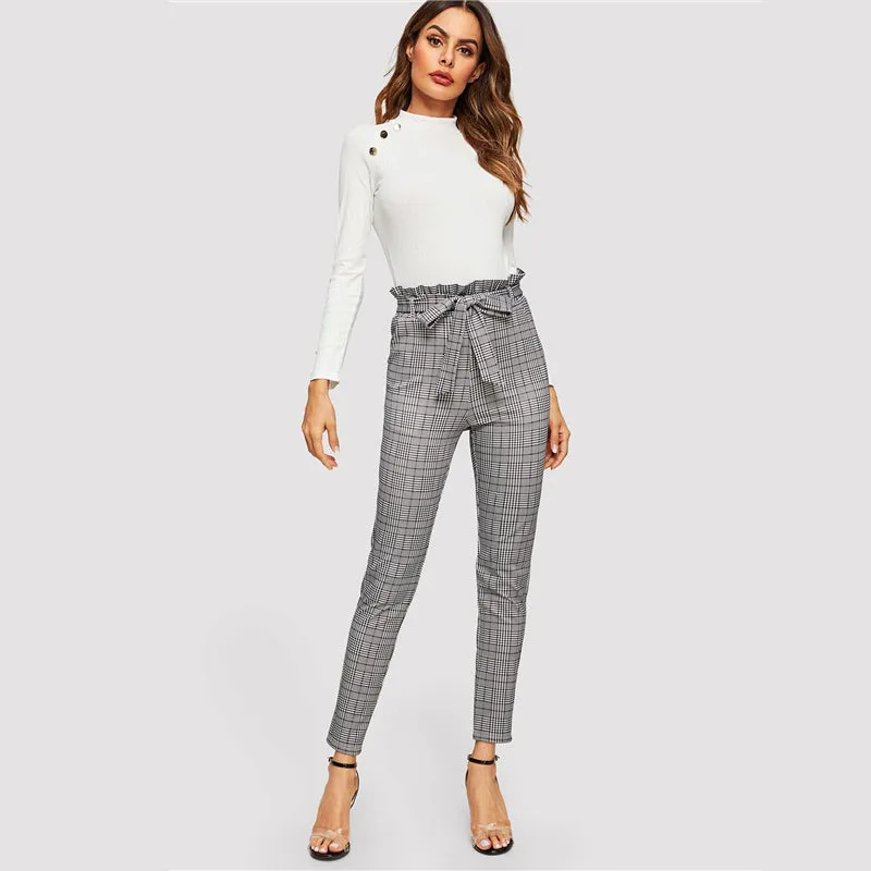 Women's High Waist Plaid Long Pants With Belt