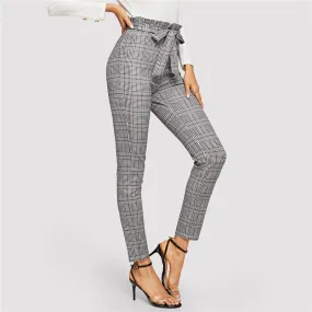 Women's High Waist Plaid Long Pants With Belt