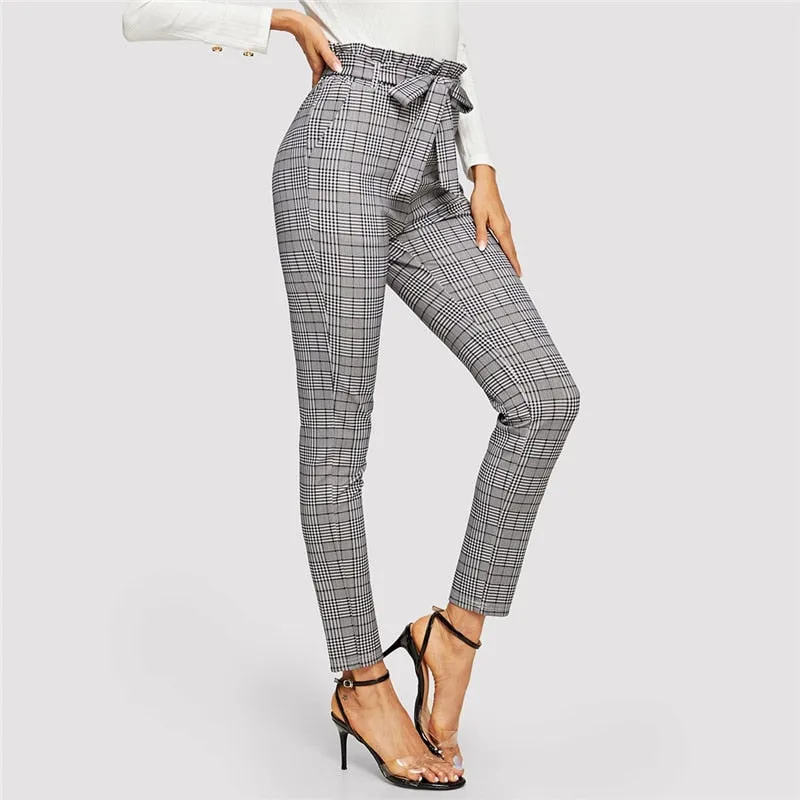 Women's High Waist Plaid Long Pants With Belt
