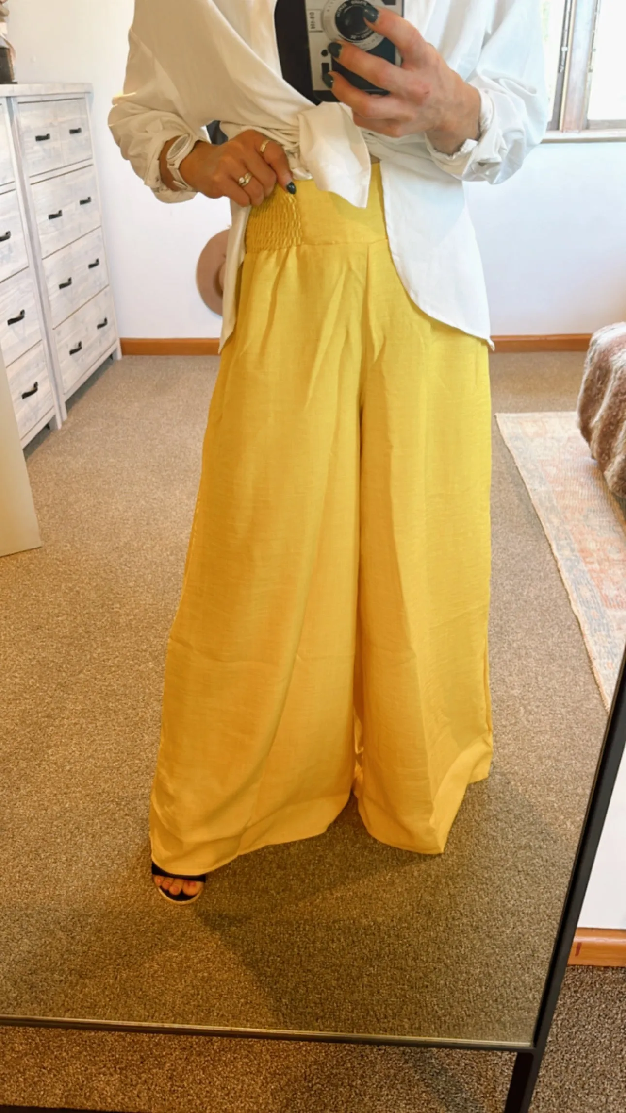 Yellow elastic high waist wide leg pants