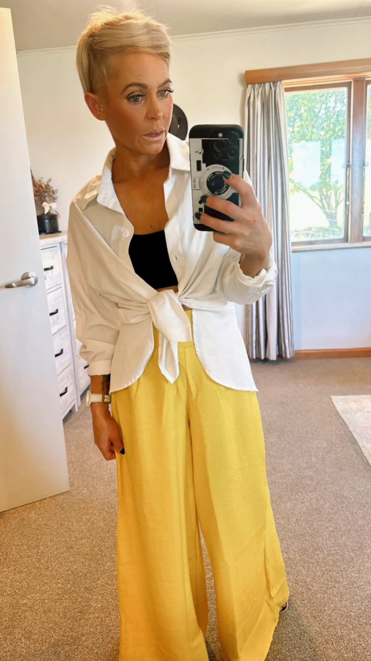 Yellow elastic high waist wide leg pants