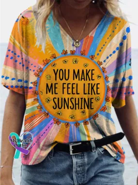 You Make Feel Like Sunshine Printed Loose Casual V-Neck Short Sleeve T-Shirt
