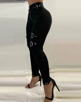 Zipper Front Eyelet Buckled High Waist Pants